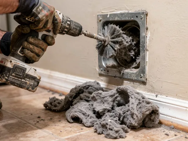 Certified Pembroke Dryer Vent Cleaning technician performing dryer vent cleaning in Pembroke