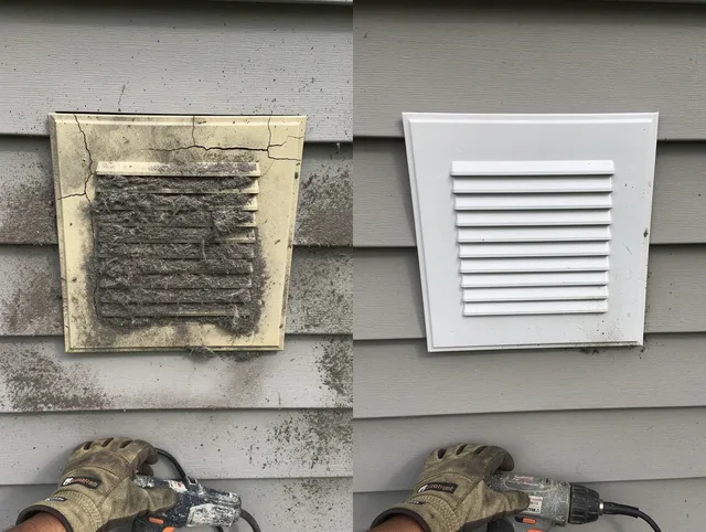 Pembroke Dryer Vent Cleaning technician installing high-quality dryer vent cover at a residential property in Pembroke